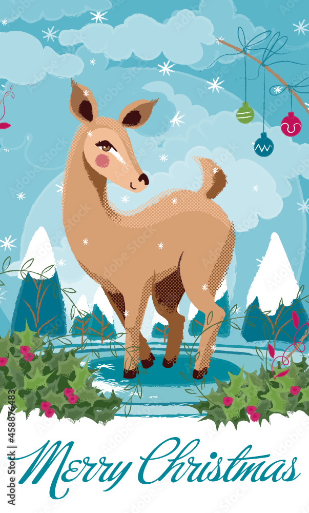 Fototapeta premium cervo, inverno, animale, natale, vettoriale, illustrazione, neve, disegno, azzurro, biancospino, poesia, romanticismo, cerbiatto, natura, cerva, nuvole, bosco, festività natalizie, elegante, bucolico,