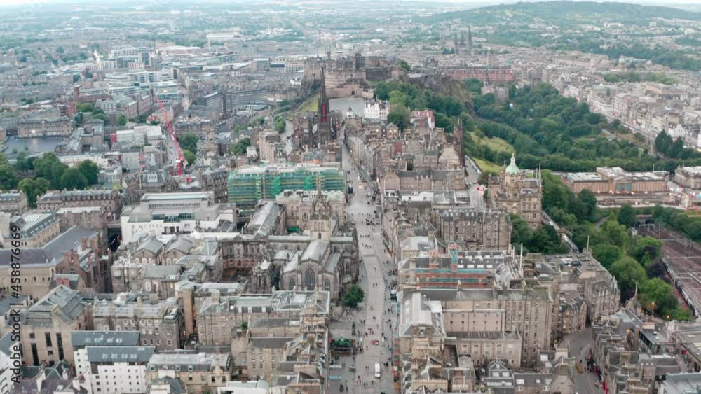 Dolly forward drone shot up the Royal mile towards Edinburgh Castle Dolly forward drone shot up the Royal mile towards Edinburgh Castle