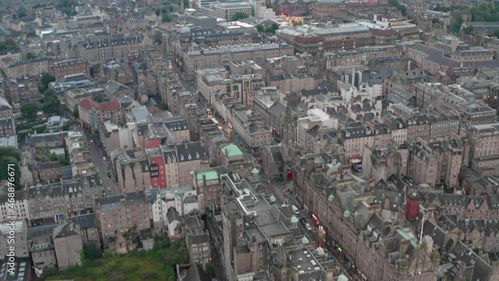 Dolly forward drone shot over Old Town towards Edinburgh University Dolly forward drone shot over Old Town towards Edinburgh University