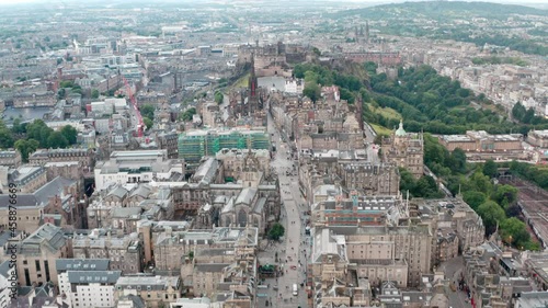 Dolly forward drone shot up the Royal mile towards Edinburgh Castle photo