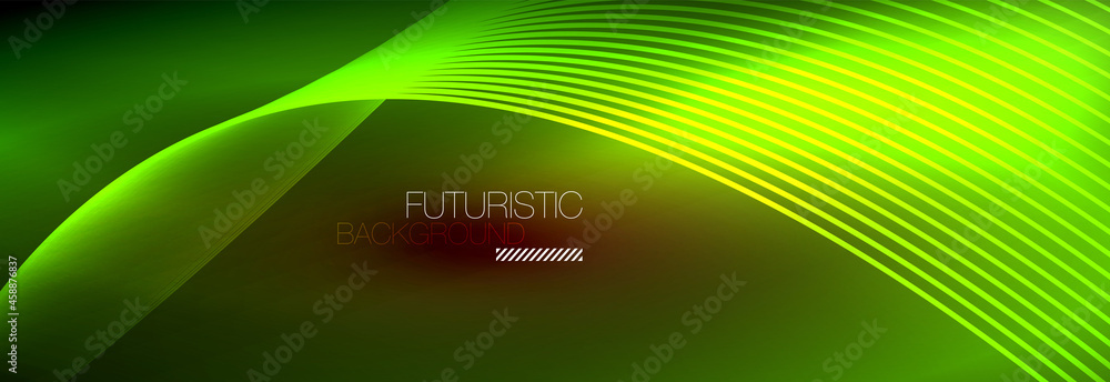 Abstract neon glowing light in the dark with waves. Shiny magic energy and motion concept, vector abstract wallpaper background Abstract neon glowing light in the dark with waves. Shiny magic energy and motion concept, vector abstract wallpaper background