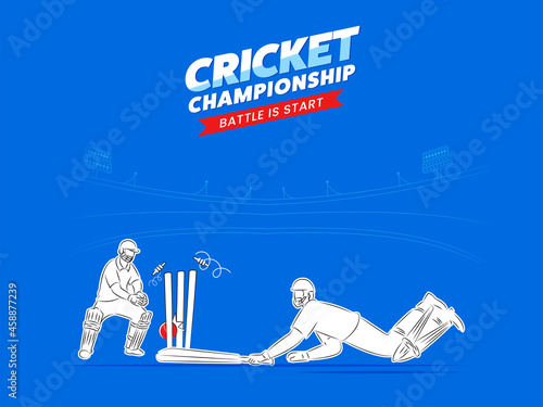 Concept Of Batsman Run Out With Wicket Keeper On Blue Stadium Background For Cricket Championship Battle Is Start.