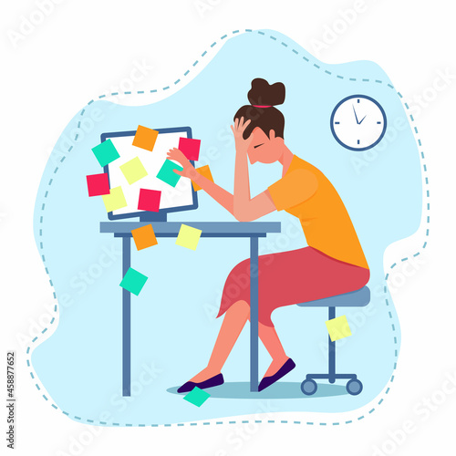 Overloaded woman. Burnout, tired woman overloaded with tasks.