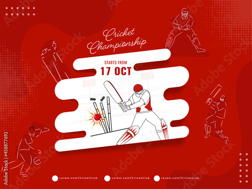 Cricket Championship Concept With Batsman, Bowler Players On Red And White Halftone Background.