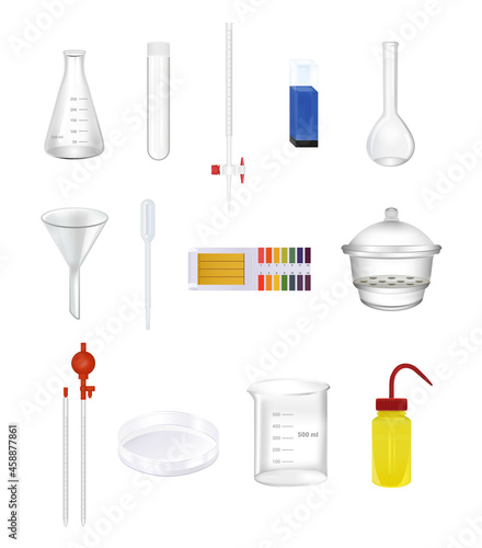 Vector set of laboratory chemical glassware, tools. Realistic icons isolated. Wash bottle, beaker, cuvette, pipette, graduated cylinder, flask, funnel, burette, test tube, ph test, vacuum desiccator.