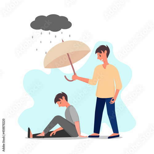 Man is comforting another man while he is depressed, upset, sad. Protection and support concept vector illustration. Psychological support vector concept illustration in flat cartoon style. 