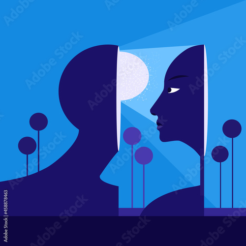 Conceptual illustration of split side of a person looking its own thoughts and feelings inside the brain