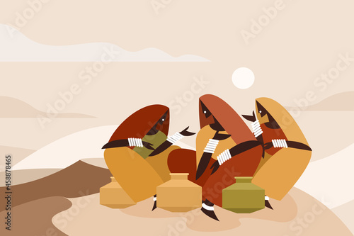 Illustration of Indian women with water pots sitting together and chatting in the desert