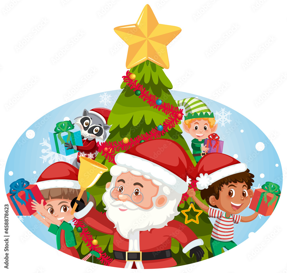Santa Claus with happy children and Christmas tree Santa Claus with happy children and Christmas tree