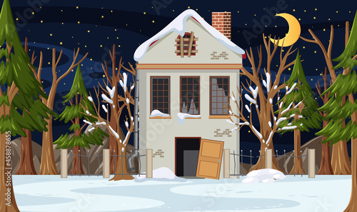 Winter season with abandoned house at night