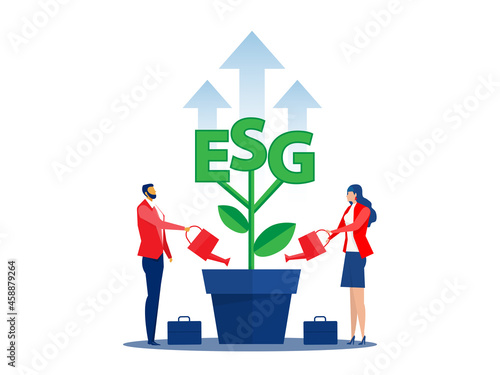 ESG or ecology problem concept, Two peoplewatering seedling growth invest concept vector illustrator