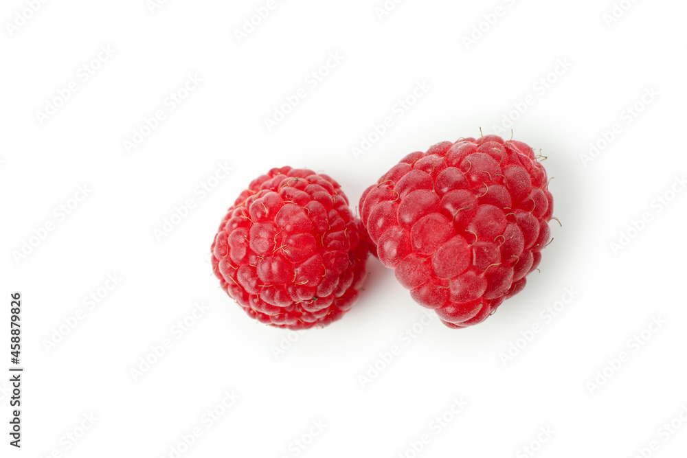 Red juicy raspberry, isolated on white background