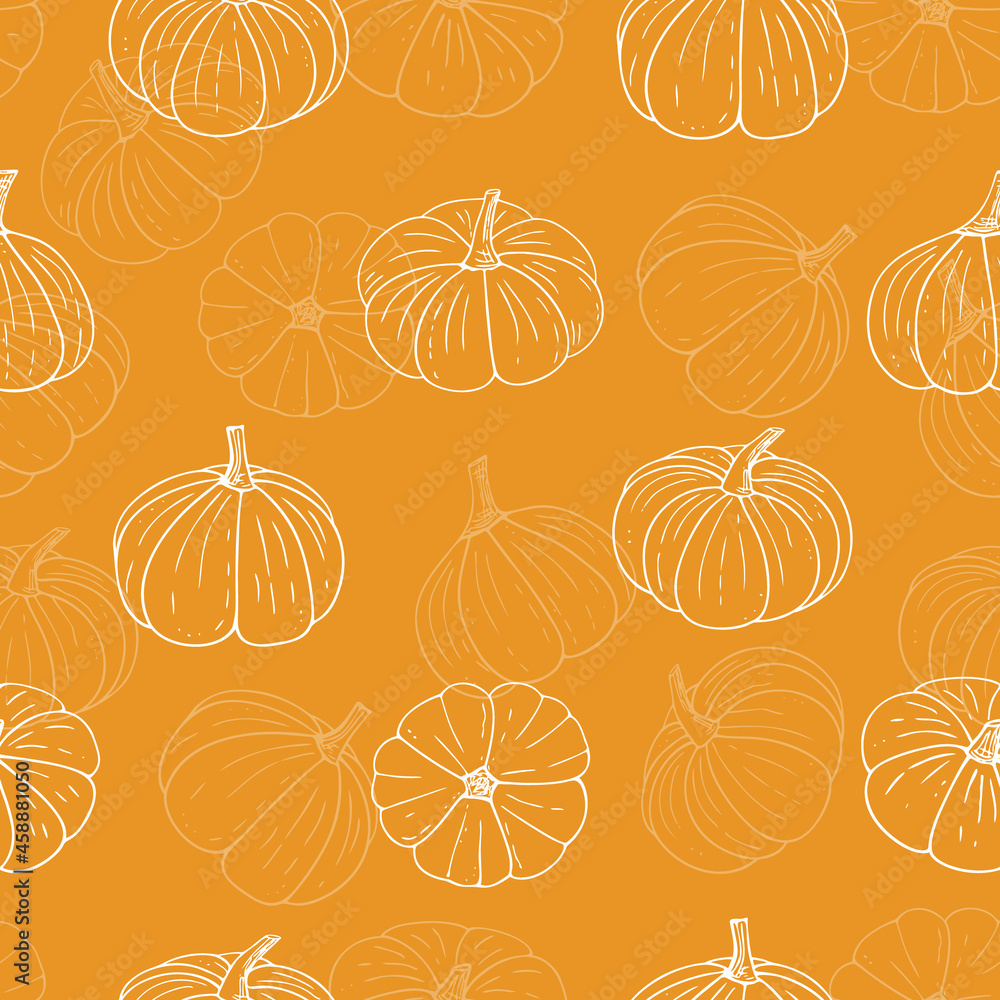 Obraz Pumpkins seamless pattern,Halloween wallpaper.Hand-drawn Thanksgiving gourds endless background with vegetarian food,proper nutrition,healthy diet.Line art. Vector illustration