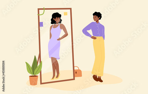 Transgender, concept of gender identity and transgenderness. Transsexual woman looks in the mirror. Non-binary people rights, transgenders, lgbtq community, gender transition, genderfluid