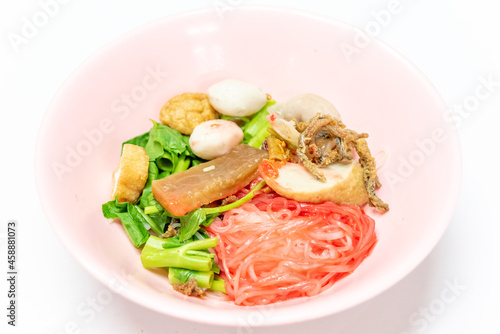 Noodles Soup with multi fish balls with white background. Asian food Noodle 