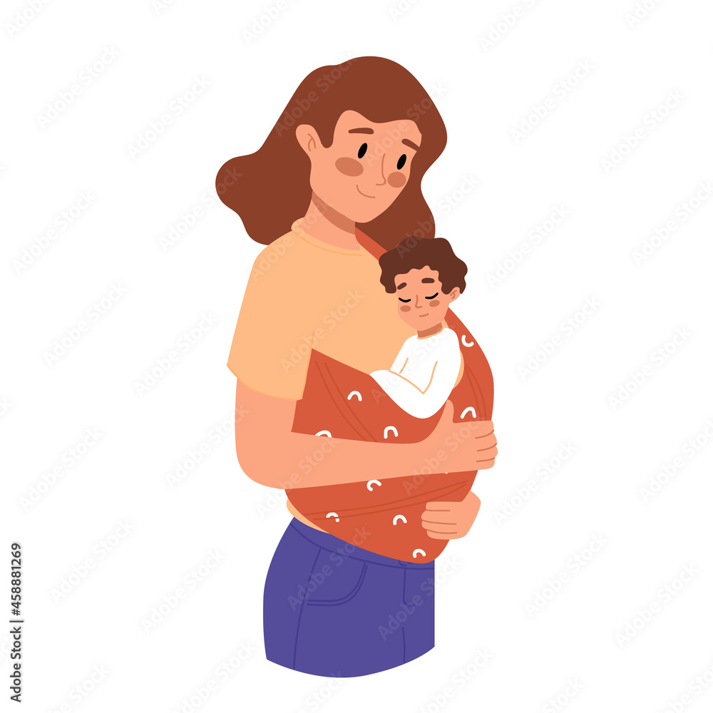 Happy mother carrying newborn. Baby in sling. Family, lifestyle concept. Hand drawn vector illustration. Mom holding child. Maternity, mother's day, happy childhood Happy mother carrying newborn. Baby in sling. Family, lifestyle concept. Hand drawn vector illustration. Mom holding child. Maternity, mother's day, happy childhood