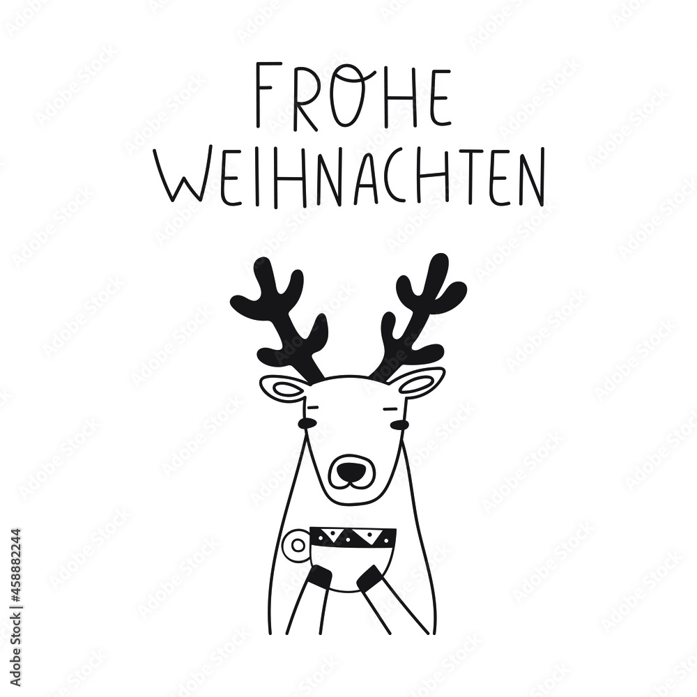 Woodland deer with cup of coffee and phrase - Frohe Weihnachten it's Merry Christmas on German. Outline vector illustration on white background. Woodland deer with cup of coffee and phrase - Frohe Weihnachten it's Merry Christmas on German. Outline vector illustration on white background.