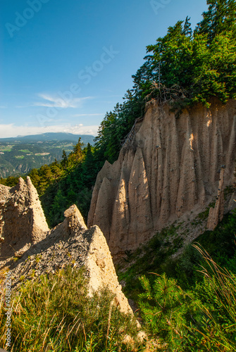 Journey to magical fairy-tale country. Renon's earth pillars. Earth pyramids in Renon in South Tyrol, Piramidi di terra in Ritten, Natural phenomen in South Tyrol, Magnificent Dolomites, Italy, Europ
