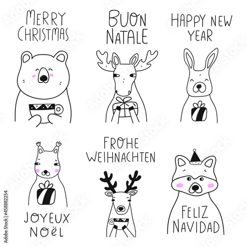Set of woodland animals with phrases. Christmas concept. Outline vector illustration on white background.