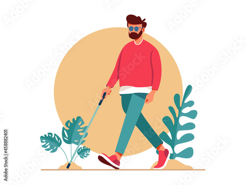 Blind Man Walking with Stick. Disabled people living active life