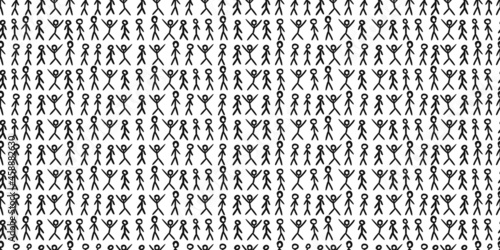 Many stick figures organized in lines seamless pattern, Overpopulation problem and too many people on the planet concept, Crowd of hand drawn stick man vector illustration black on white background