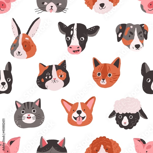 Seamless pattern with cute animals faces in doodle style. Endless repeating background with funny heads and muzzles of pets, dog, cat, cow and bunny. Colored flat vector illustration for printing