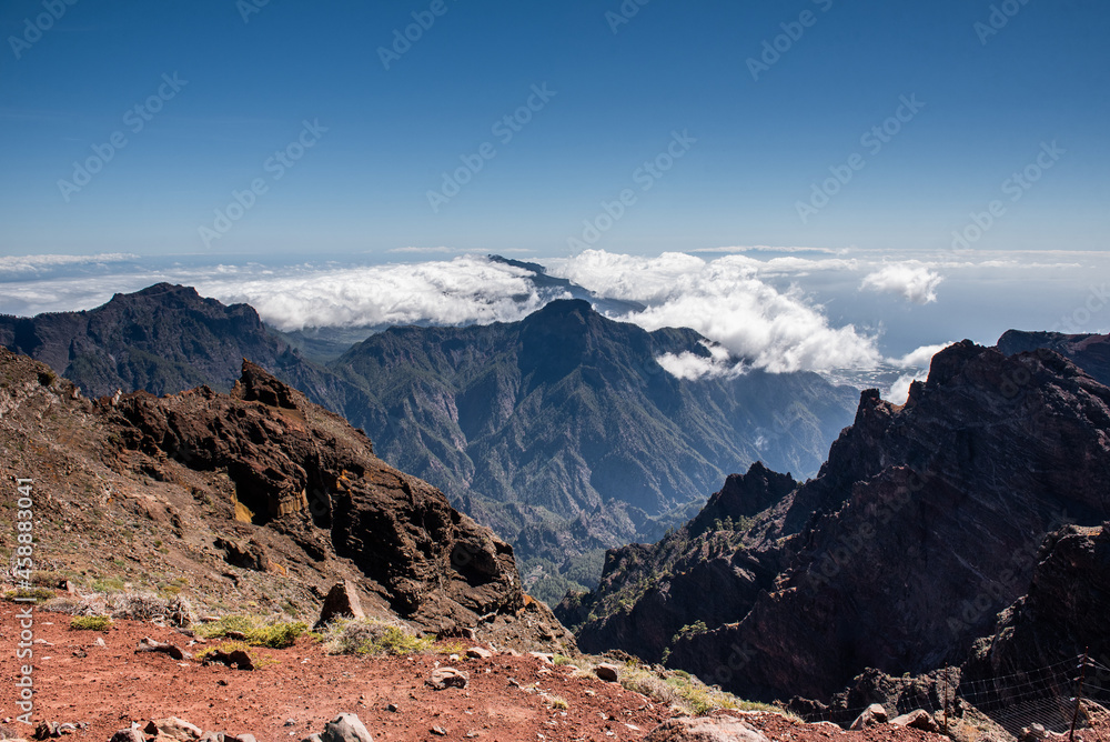 Panorama of the island and mountains from Roque de los Muchachos, on the island of Palma, Canary Islands, Spain