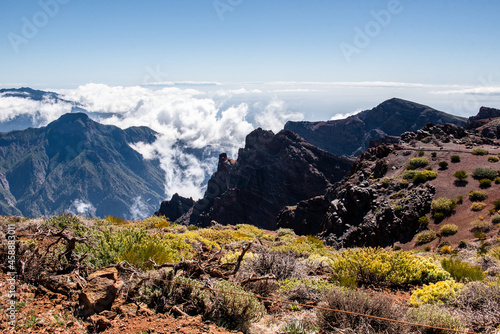 Panorama of the island and mountains from Roque de los Muchachos, on the island of Palma, Canary Islands, Spain