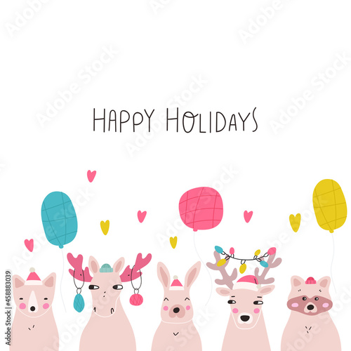 Forest animals. Happy holidays. Christmas concept. Hand drawn vector illustration for greeting card, t shirt, print, stickers, posters design. 