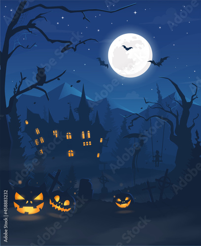 Vector mystical illustration. Background fog on background full moon with silhouettes of scary characters pumpkin, zombie hand. Halloween party graphics design.