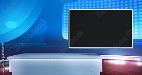 Virtual background with an empty monitor, ideal for tv news, shows or infomercials. A 3D illustration, suitable on VR tracking system sets, with green screen