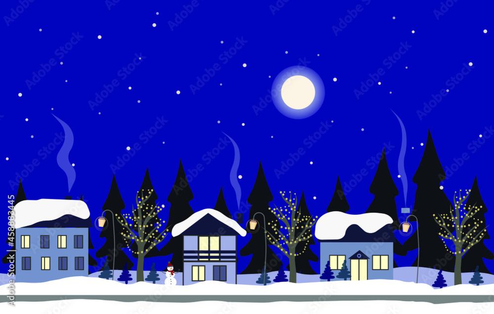 Naklejka premium Winter night city in retro style. Christmas background with houses, moon, cars. Cozy town in a flat style. Cartoon vector illustration.Night winter countryside seamless border with trees and houses. F