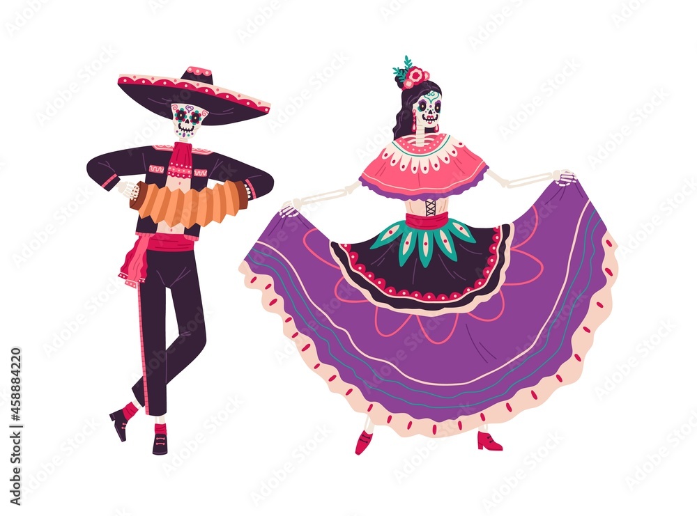 Couple of Mexican skeletons, man and woman dance to music on Day of Dead in Mexico. Catrina and skull in sombrero hat and party costumes at Death holiday. Flat vector illustration isolated on white Couple of Mexican skeletons, man and woman dance to music on Day of Dead in Mexico. Catrina and skull in sombrero hat and party costumes at Death holiday. Flat vector illustration isolated on white