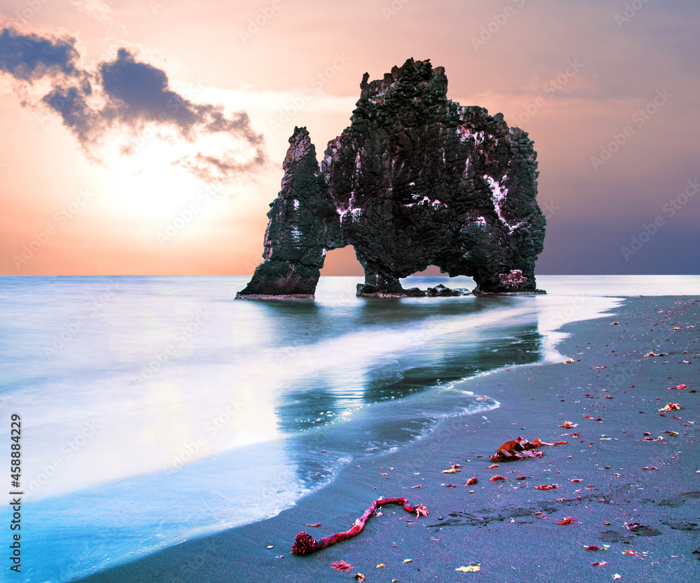 Beautiful dramatic landscape with extraordinary rock formation Hvitserkur on Vatnsnes peninsula in North-West Iceland. Exotic countries. Amazing places