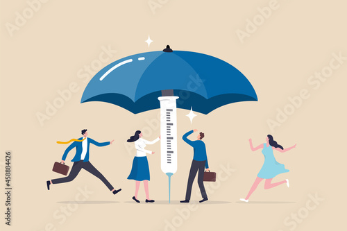 Vaccination campaign help build herd immunity to protect from Coronavirus infection, vaccinated people running to get covered sheltered under big strong umbrella built from vaccine syringe.