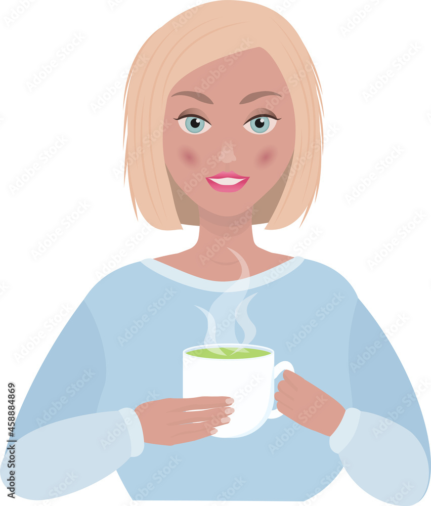 Tea time illustration. Beautiful girl with green tea. Matcha tea. Green or herbal tea. Tea time illustration. Beautiful girl with green tea. Matcha tea. Green or herbal tea.