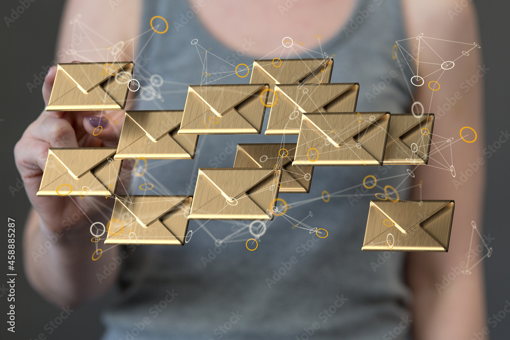 Abstract virtual postal envelopes sketch on blurry office buildings ...
