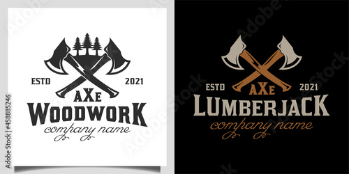 vintage lumberjack logo with silhouette Cross Axe in forest, Crossed Firefighter wooden axes logo design