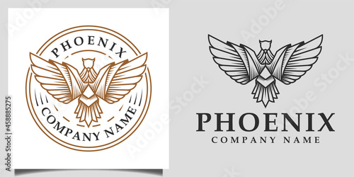 vintage retro phoenix, eagle, falcon wings symbol vector linear silhouette logo illustration vector design
