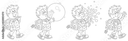 Comic strip of a cheerful little schoolboy with a backpack walking to school and blowing a big bubble from a sweet chewing gum, black and white vector cartoon illustrations