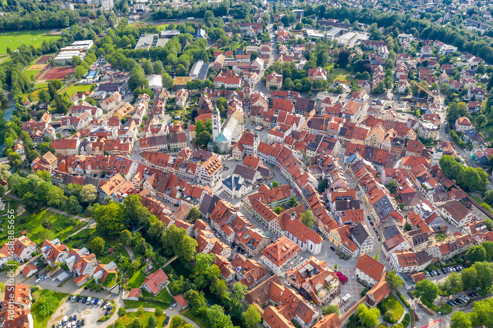 Aerial view from drone to the ancient historic medieval old town. WANGEN IM ALLGAU, GERMANY