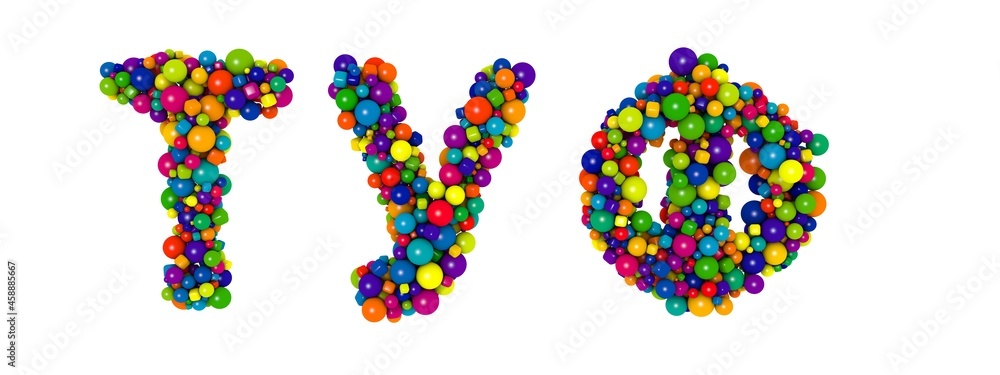 Multicolored russian alphabet letters T U F. Funny 3D illustration. Glossy multicolored decorative balls text. Multicolored russian alphabet letters T U F. Funny 3D illustration. Glossy multicolored decorative balls text.