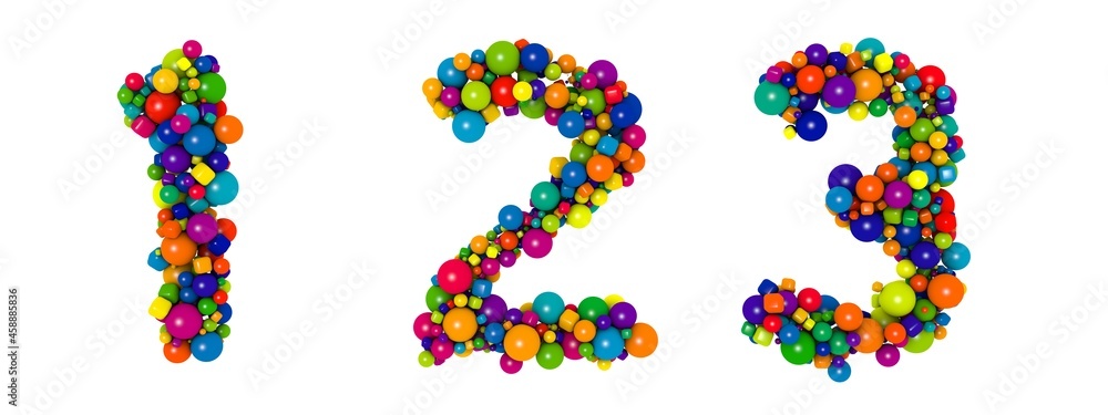 Multicolored letters number 1 2 3. Funny 3D illustration. Glossy multicolored decorative balls text.