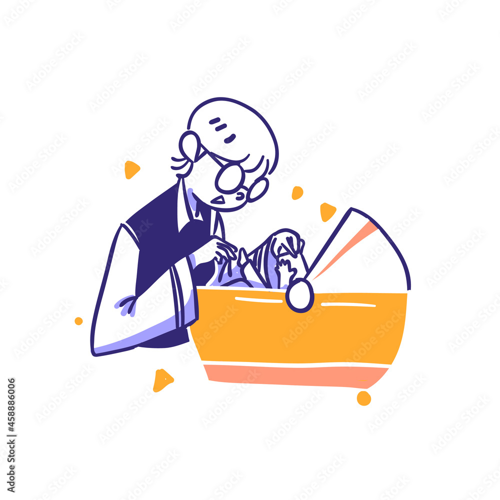 Employee Taking Care New Born Baby in Stroller Product Concept Illustration in Outline Hand Drawn Design Style Employee Taking Care New Born Baby in Stroller Product Concept Illustration in Outline Hand Drawn Design Style
