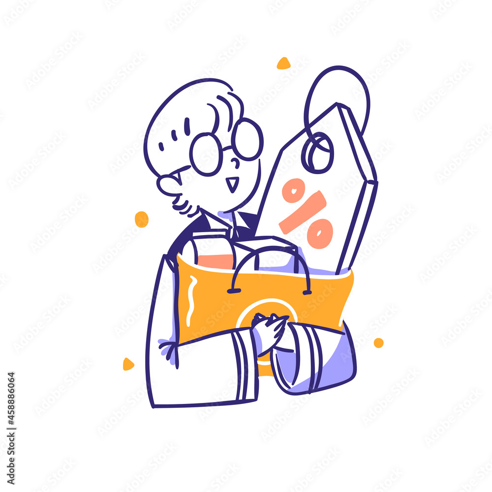 Customer Buy Sale Item in Online Shop concept Illustration in Outline Hand Drawn Design Style Customer Buy Sale Item in Online Shop concept Illustration in Outline Hand Drawn Design Style