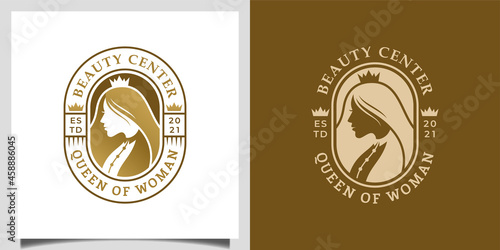 Elegant queen woman long hair with crown design concept for hairdresser, beauty salon logo design