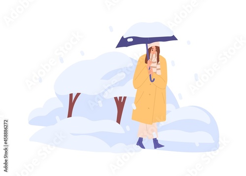 Person walking under umbrella in snowfall in cold winter weather. Woman going in frost with snowflakes, snowbanks and trees covered with snow. Flat vector illustration isolated on white background
