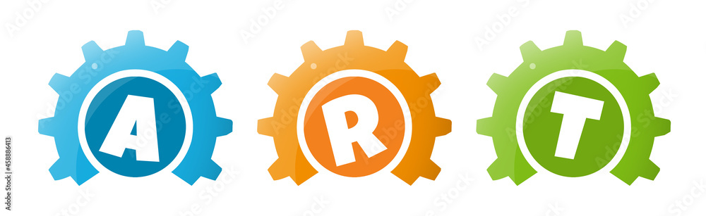 Art - text written inside colorful gears on white background