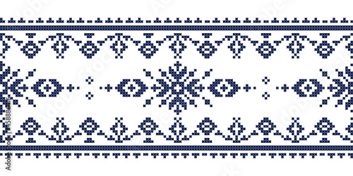 Zmijanje cross stitch style vector folk art seamless lonng horizontal pattern - textile or fabric print design inspired by old patterns from Bosnia and Herzegovina 
