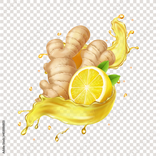 Ginger tea splash. Ginger root, lemon realistic in yellow splashing tea or ale Vector illustration